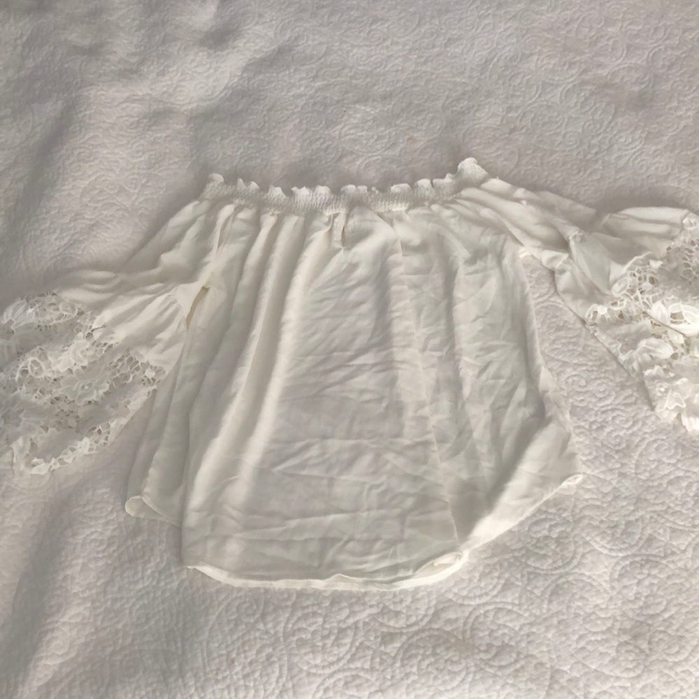 Off the shoulder white bell sleeve lace top